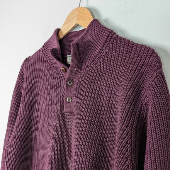LL Bean Henley Sweater Mens XL Red Mock Button Ribbed 1/4 Maroon Chunky Casual - Picture 1 of 11